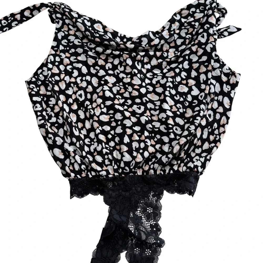 FREE PEOPLE Bare It All Bodysuit Black Leopard Heart Print Lace Women's Size XS